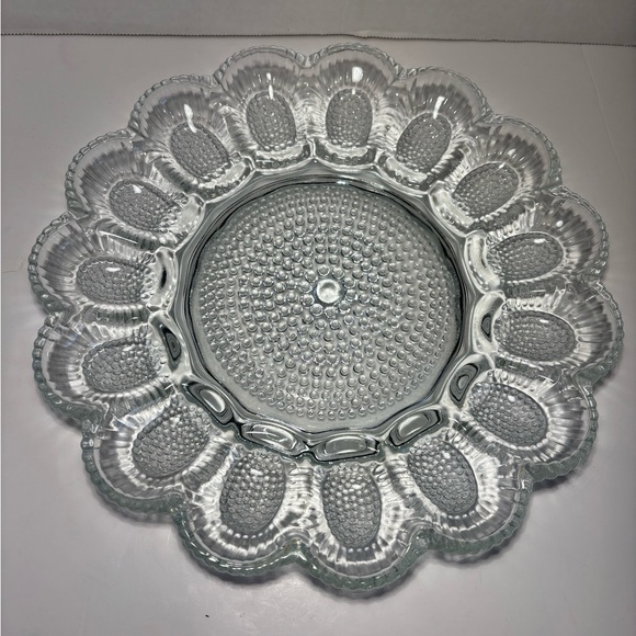 VTG Indiana Glass Hobnail Deviled Egg Dish Platter Clear Ribbed Scalloped 11.25” - Picture 3 of 9